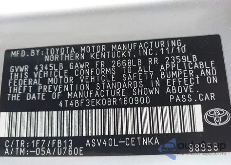 2011 Toyota Camry Le from USA, damaged, VIN 4T4BF3EK0BR160900